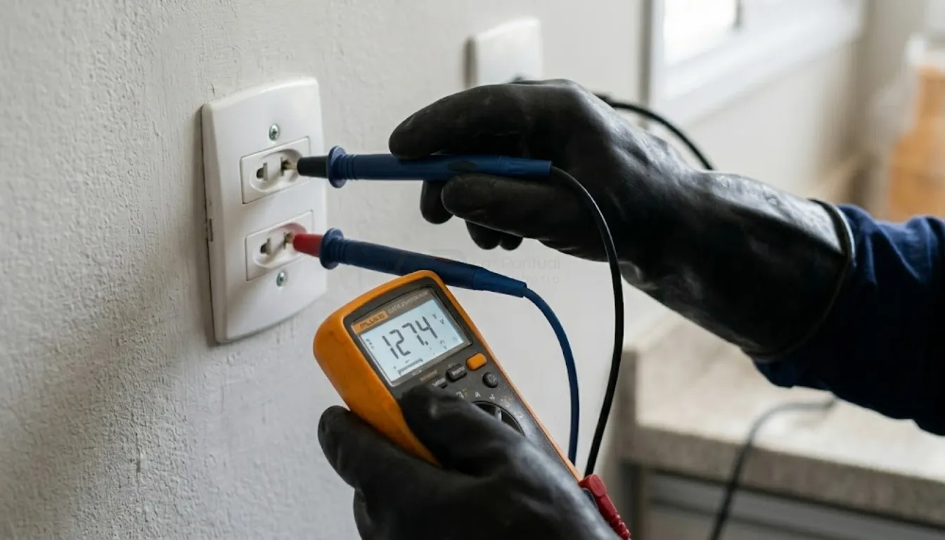Medição técnica de tensão em contatos elétricos com multímetro digital.