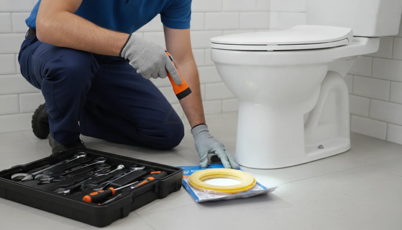 Inspeção profissional das conexões hidráulicas de esgoto do vaso sanitário.
