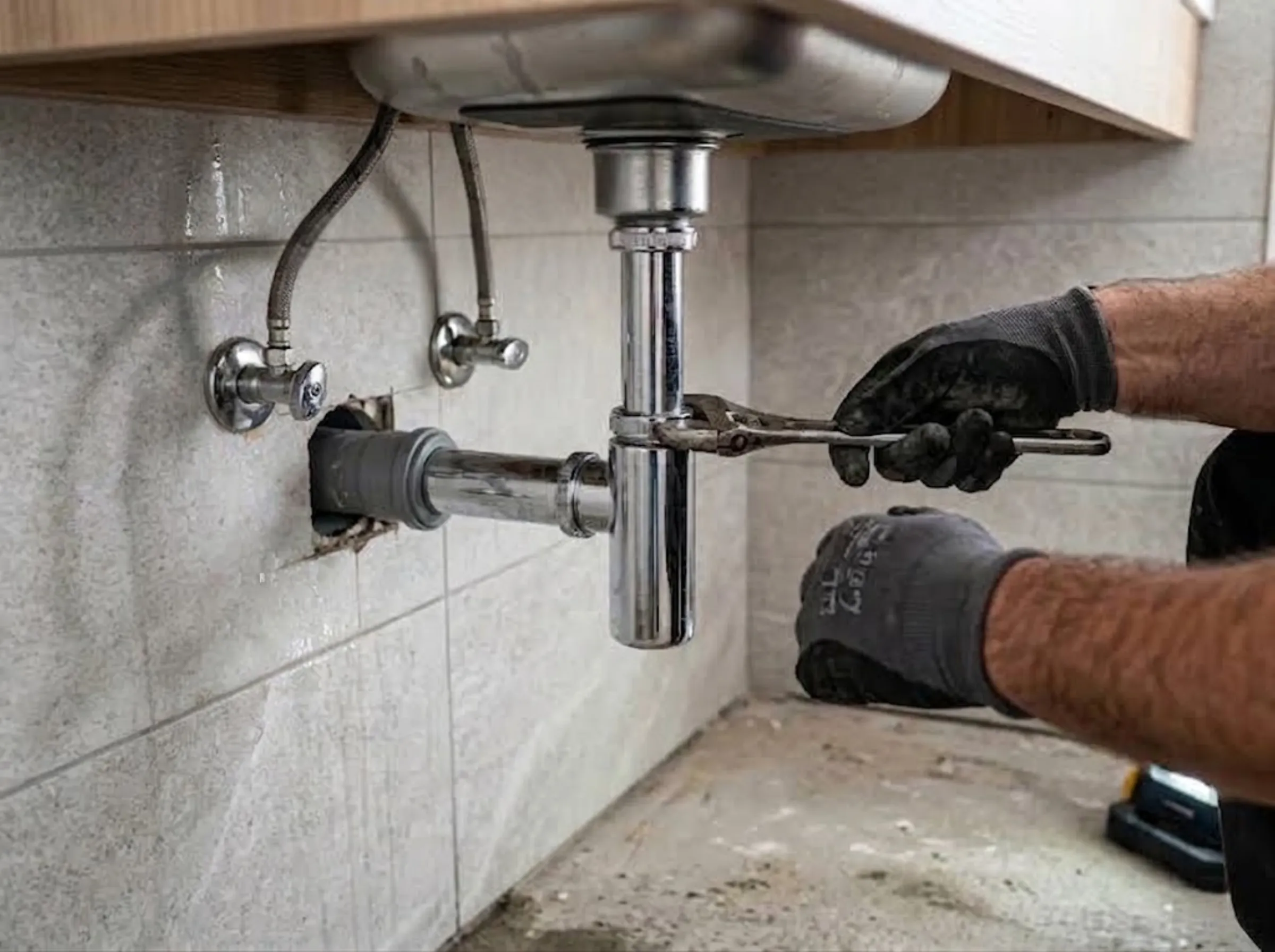 Encanador instalando sifão metálico de garrafa e conexões hidráulicas sob bancada de banheiro
