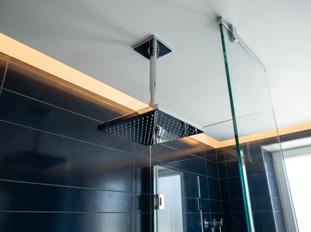 Ducha de teto em aço inox suspensa por tubo extensor metálico em forro de gesso