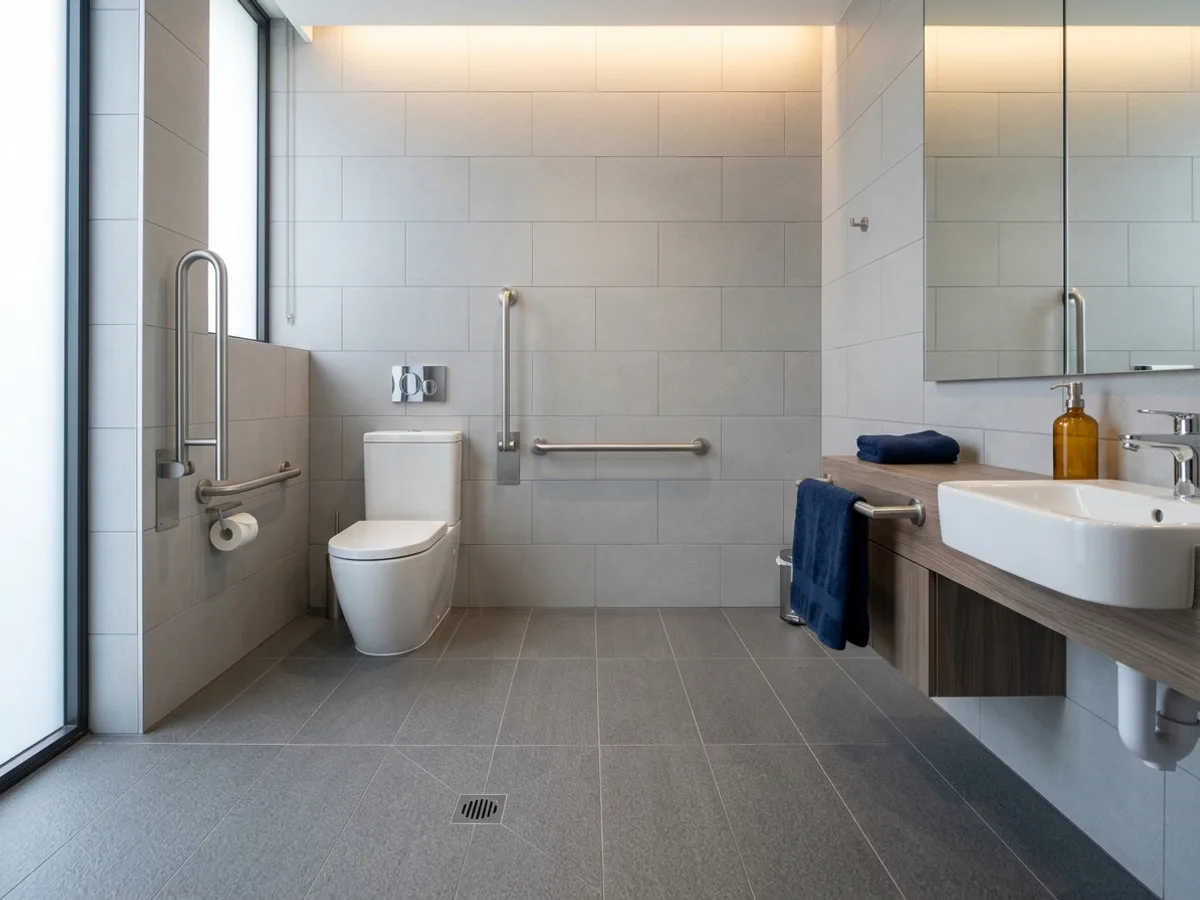 Barras de apoio em aço inox instaladas ao lado de vaso sanitário elevado com caixa acoplada