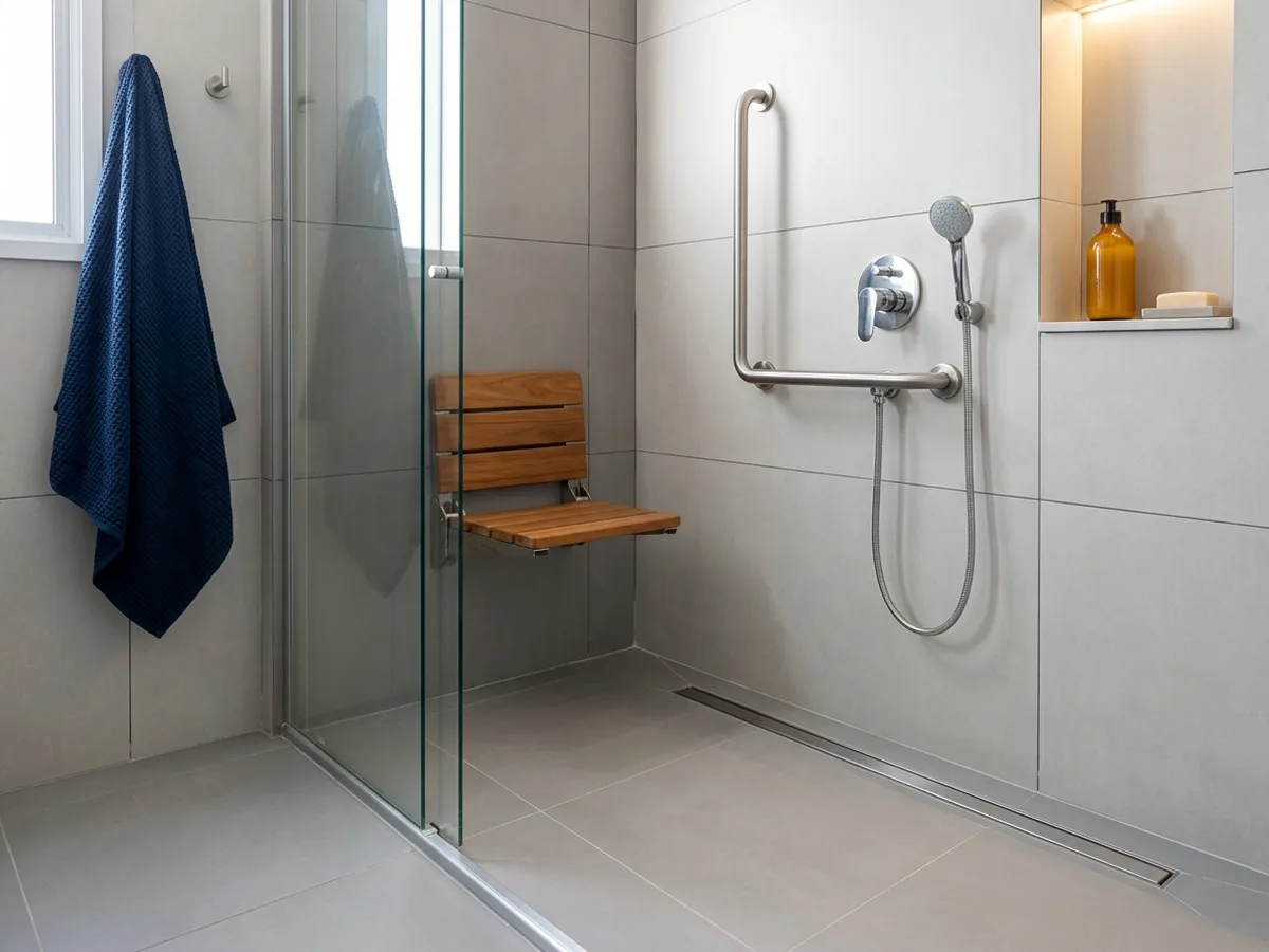 Área de banho nivelada tipo ducha italiana com banco retrátil e barra vertical em banheiro adaptado