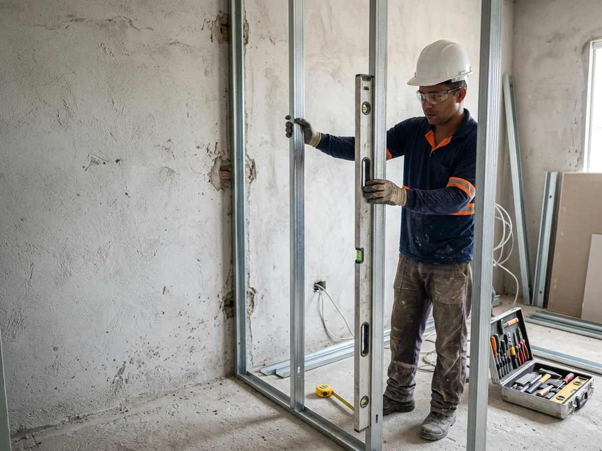 Profissional com nível de bolha conferindo o prumo da estrutura metálica de drywall instalada junto à parede-meia de casa geminada