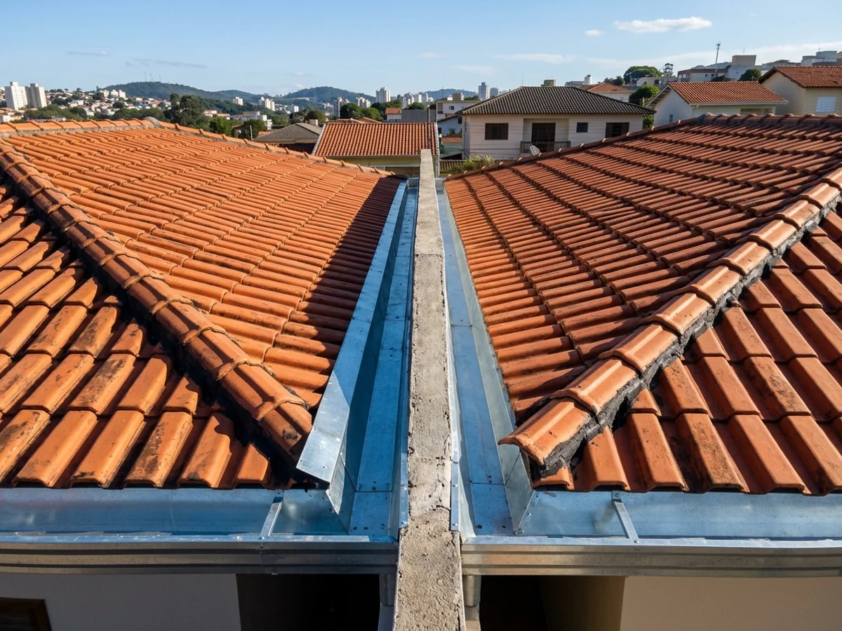 Vista superior do encontro de dois telhados cerâmicos de casas geminadas com calha central e rufos metálicos na parede divisória