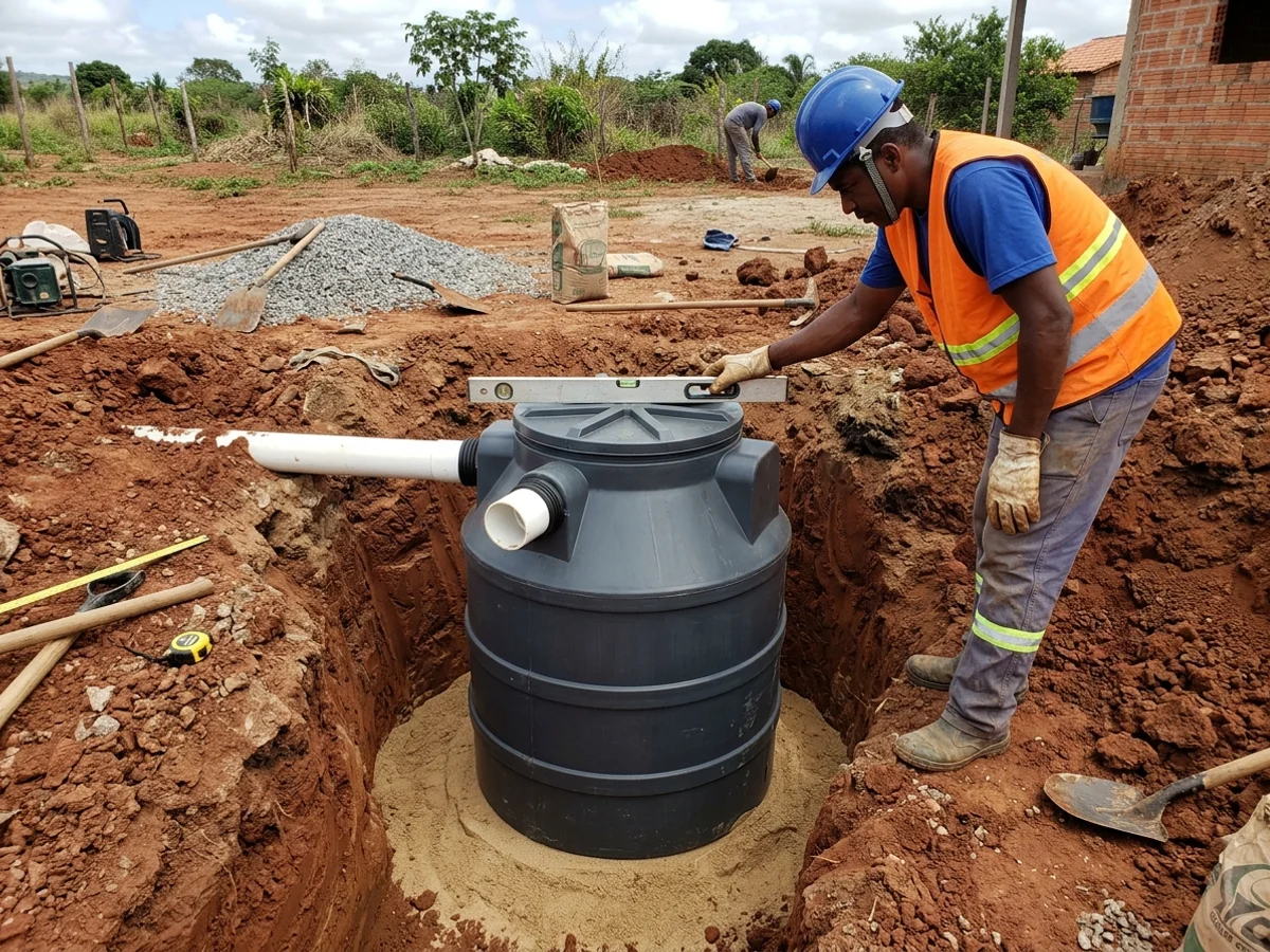 Instalação de biodigestor compacto de polietileno em escavação de terreno para esgoto de tiny house
