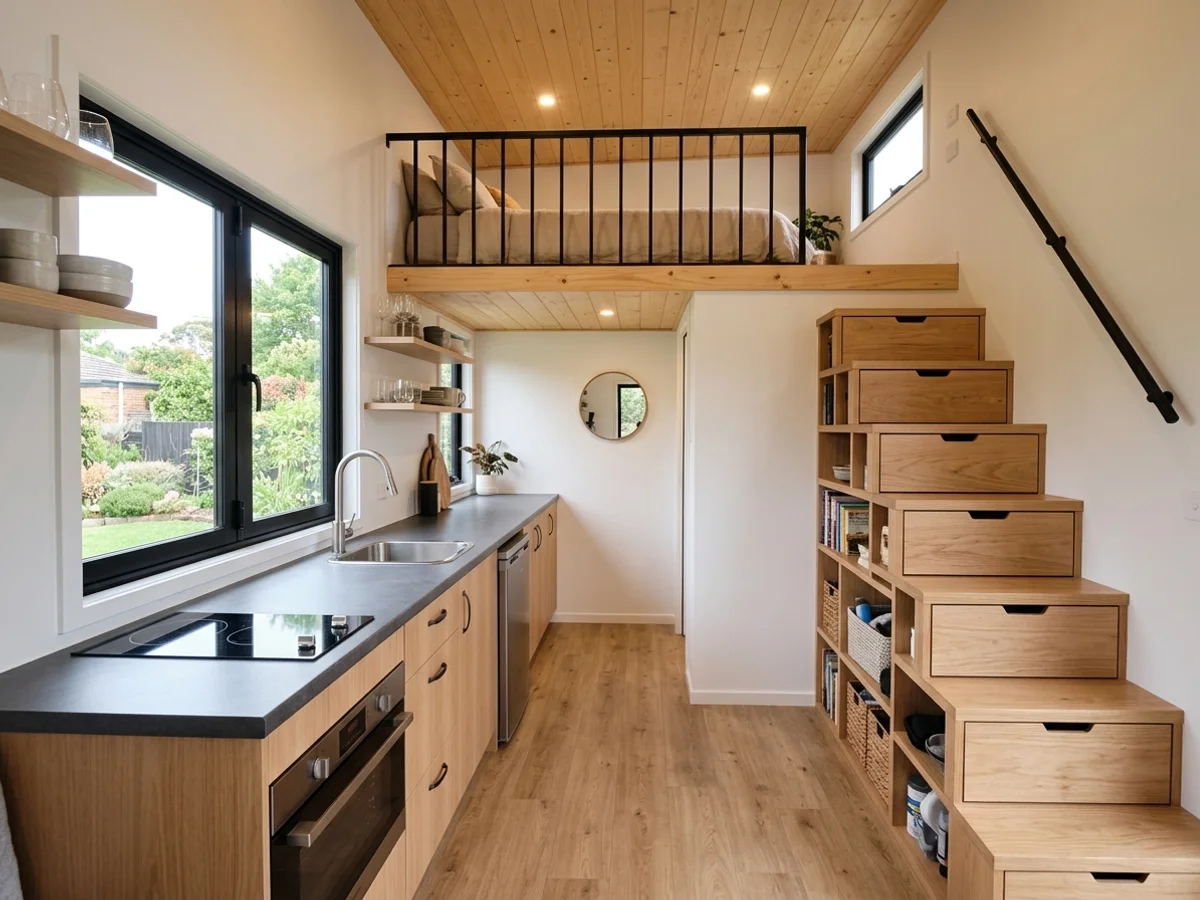 Interior de tiny house compacta exibindo marcenaria inteligente integrada, bancada de cozinha e escada para mezanino