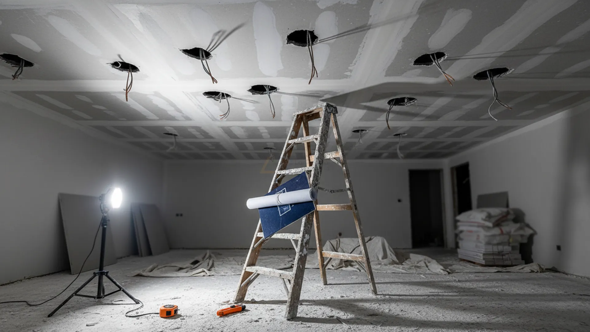 Teto de gesso esburacado por erros de iluminação